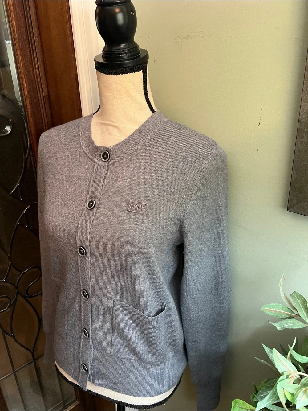 DKNY Light Gray Button-Front Knit Cardigan
